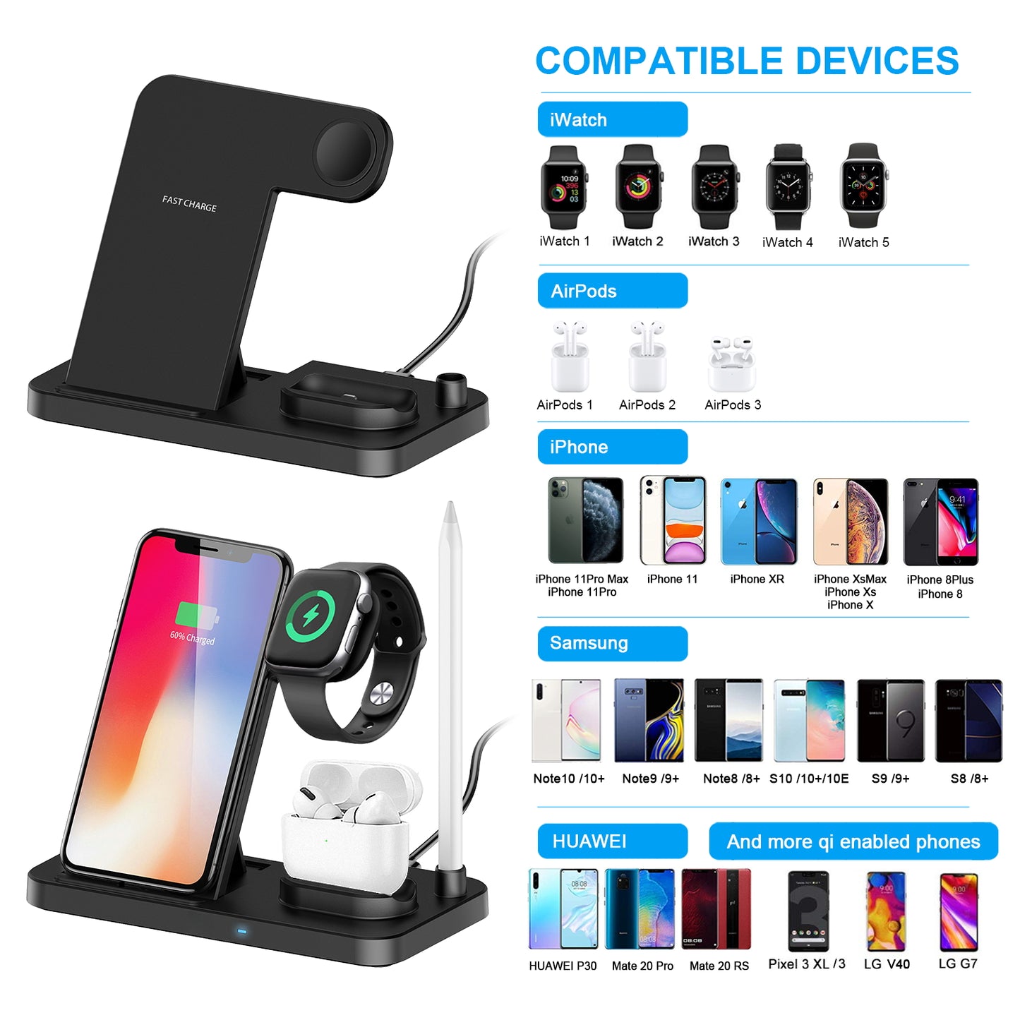 15W Wireless Charger Stand Pad For iPhone 13 12 11 X XS XR Pro Max Samsung S21 S20 S9 S8 Note Qi Fast Charging Station