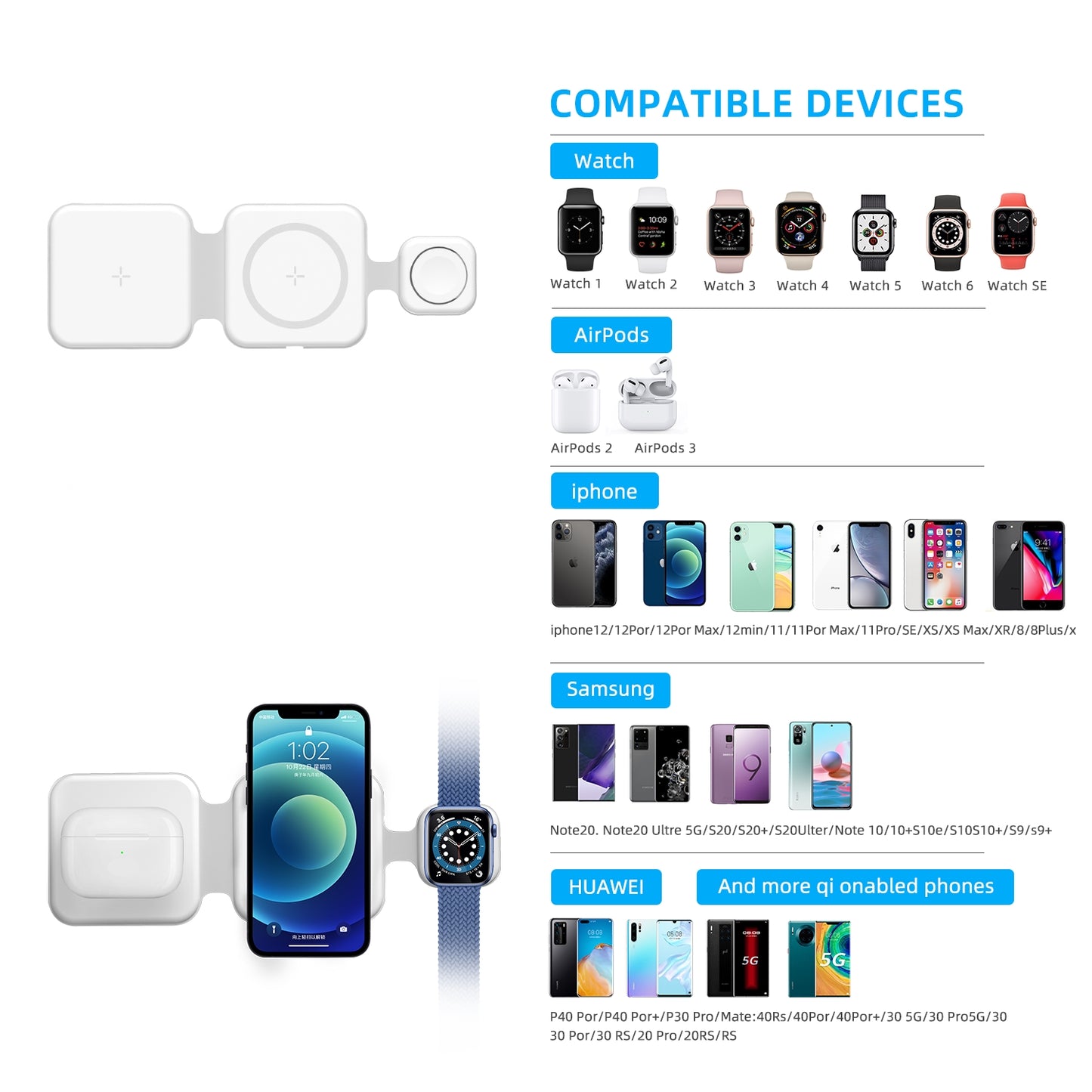 15W Mini Convernient Folding Wireless Charger 3in1 For iPhone 13 12 11 X XS XR Pro Max Samsung S21 S20 S9 S8 Note Qi Fast Charging Station