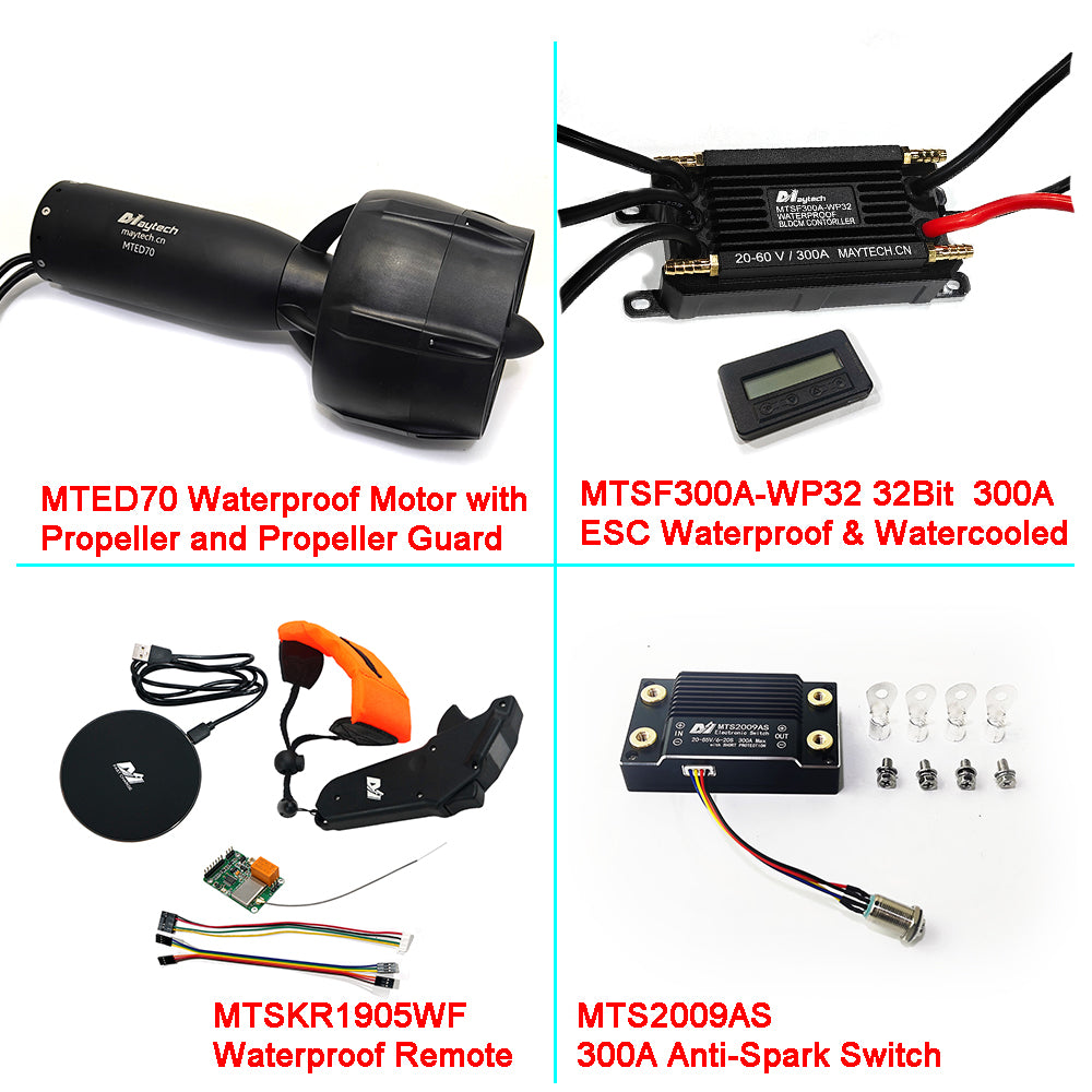 8KW 58.5Kgf Efoil Kit Maytech 30-48V MTED70 Waterproof Motor With Propeller + 300A 32Bit ESC + 1905WF Remote + MTS2009AS Switch + 12V 30W Water Pump